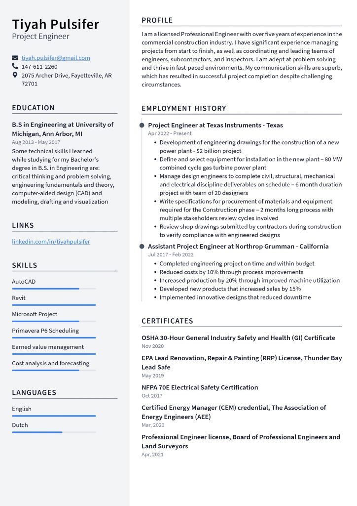 Project Engineer Resume Example