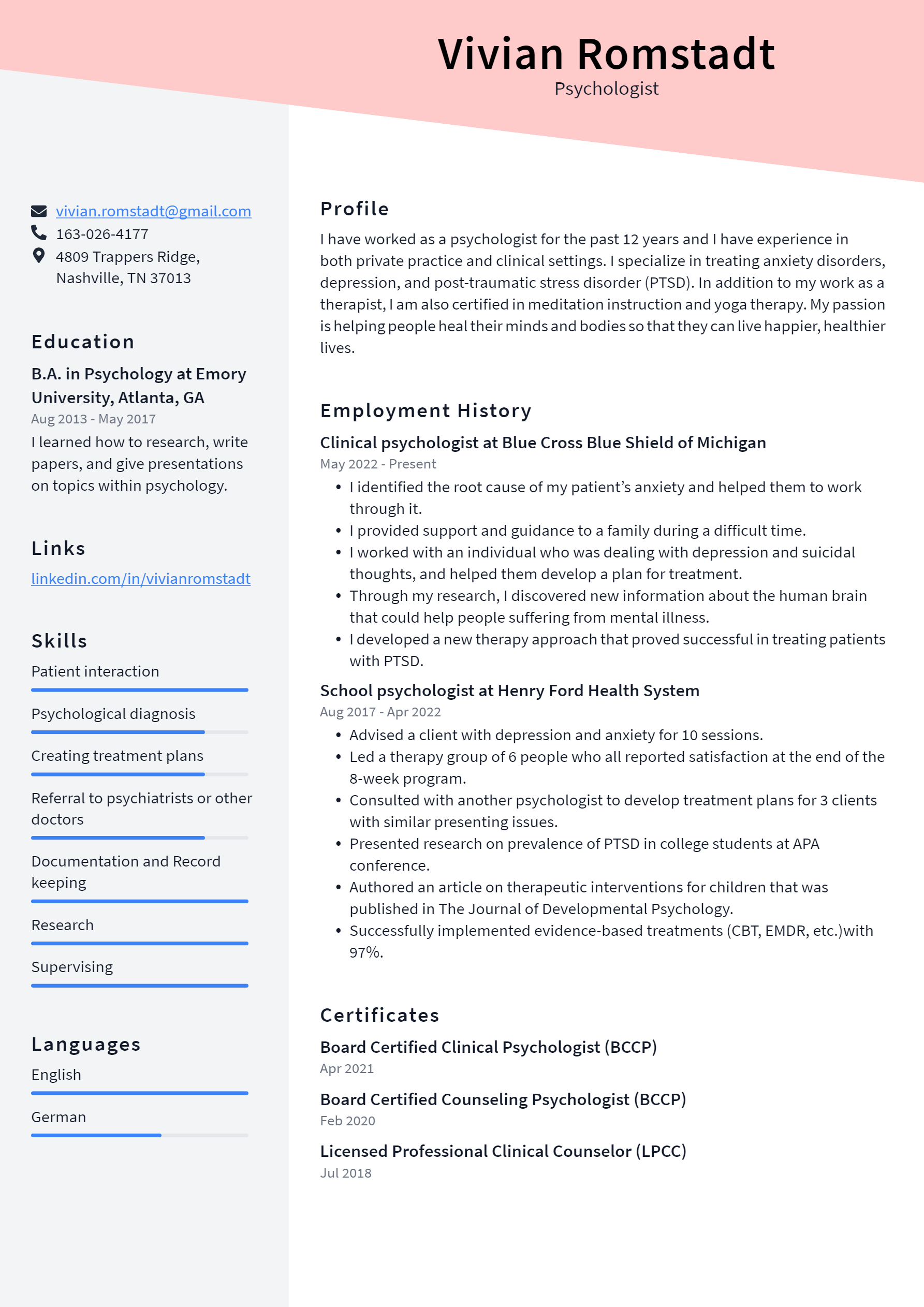 Psychologist Resume Example and Writing Guide - ResumeLawyer