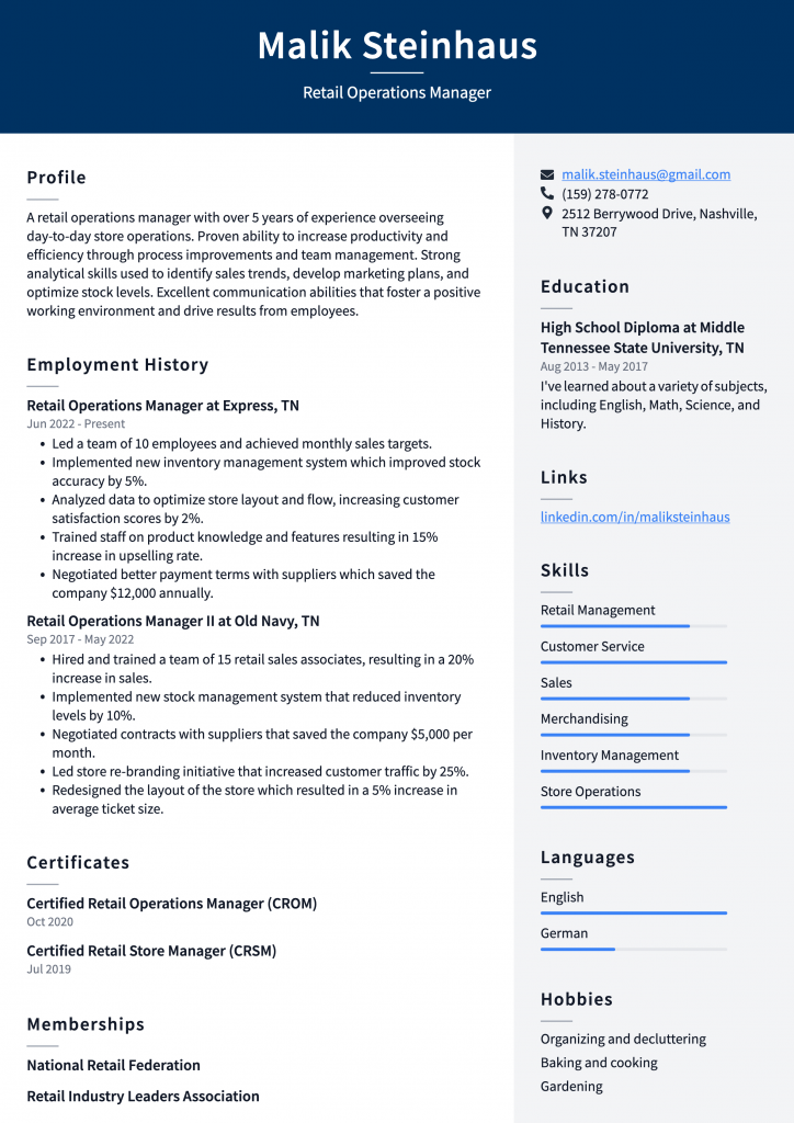 Retail Operations Manager Resume Example