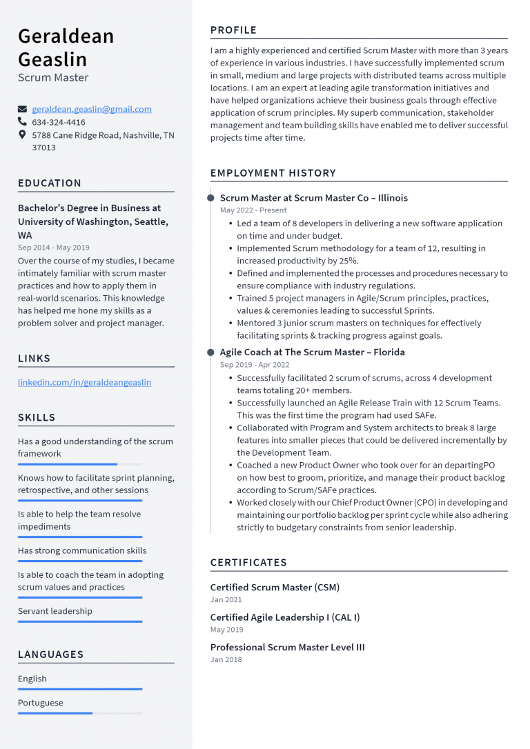 free resume templates for scrum master