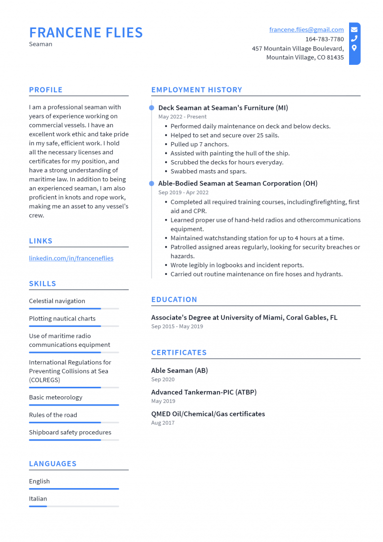 Seaman Resume Example and Writing Guide - ResumeLawyer