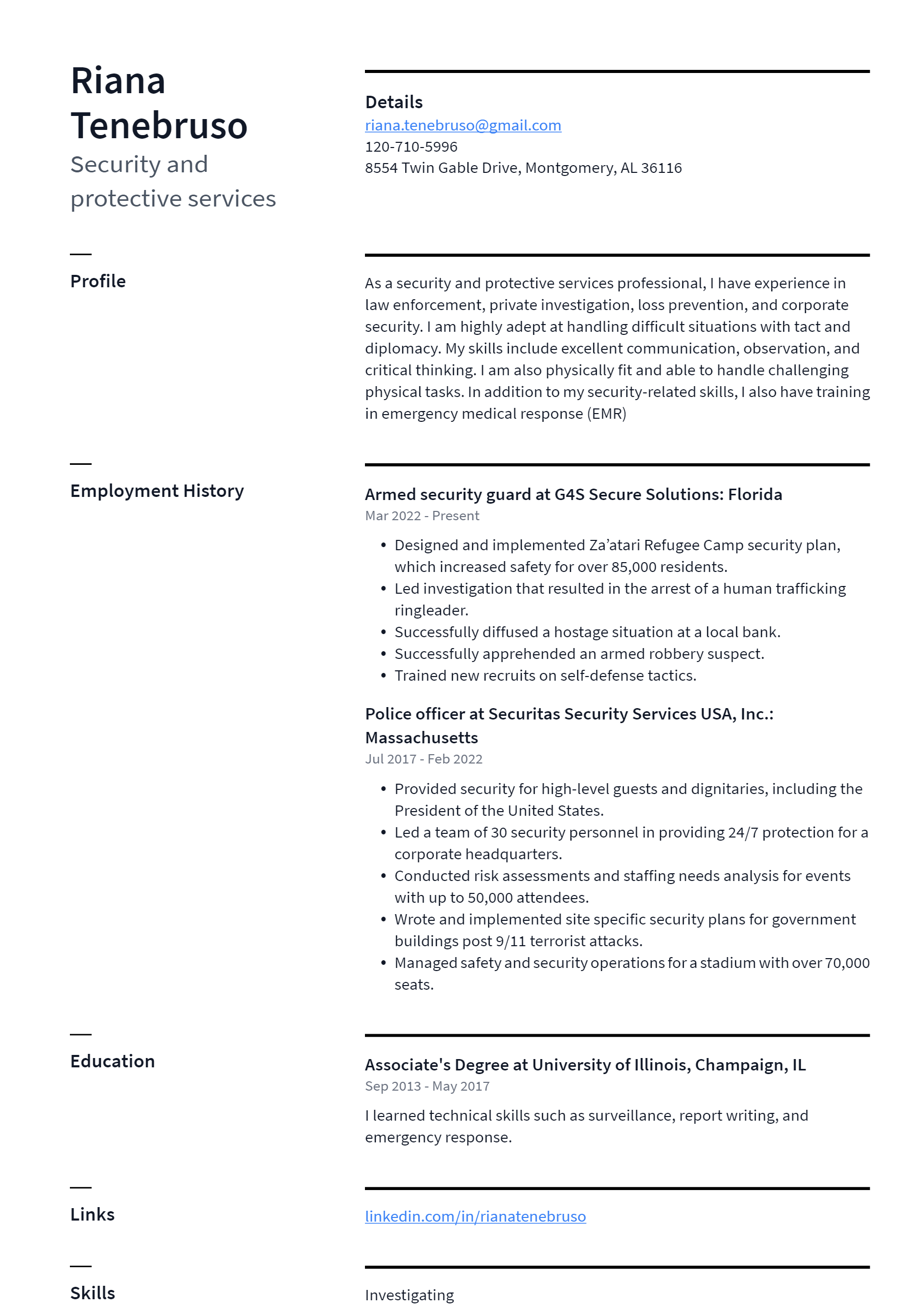 Security and protective services Resume Example and Writing Guide