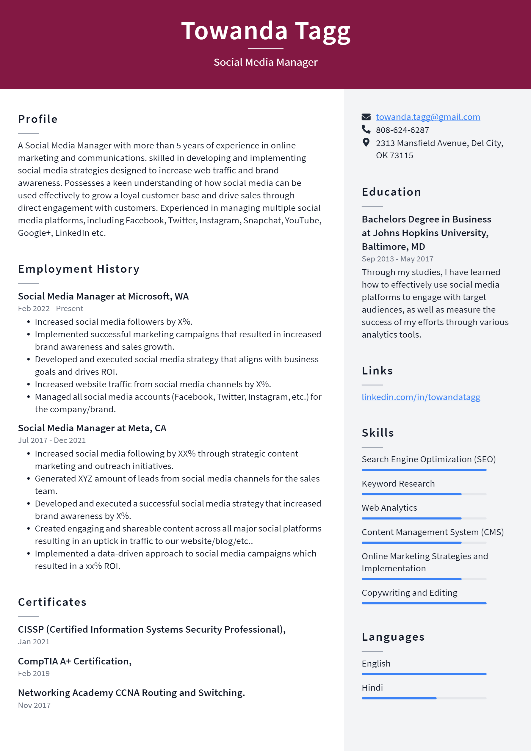 Social Media Manager Resume Example and Writing Guide