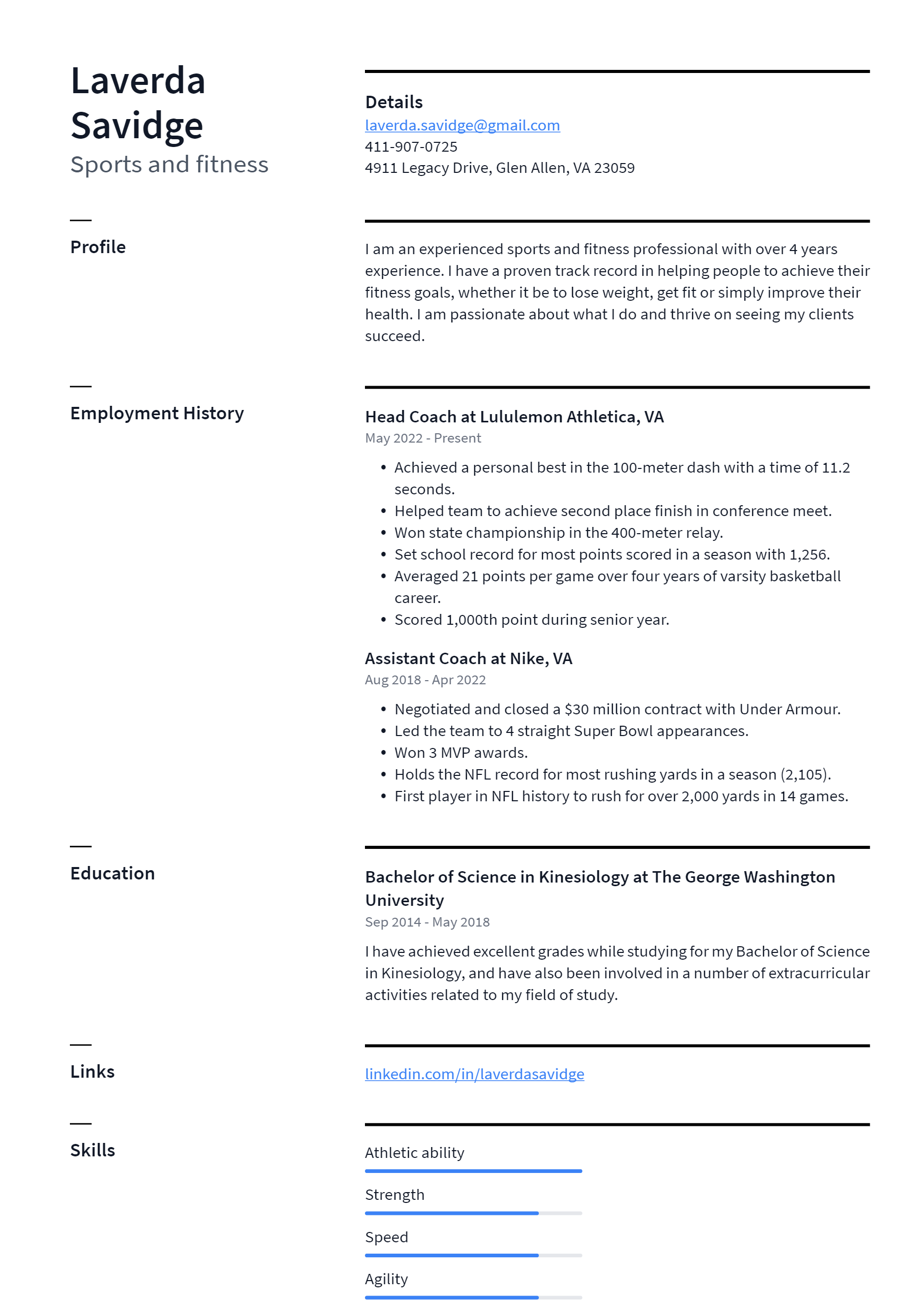 Sports and fitness Resume Example - Sports And Fitness Resume Example 