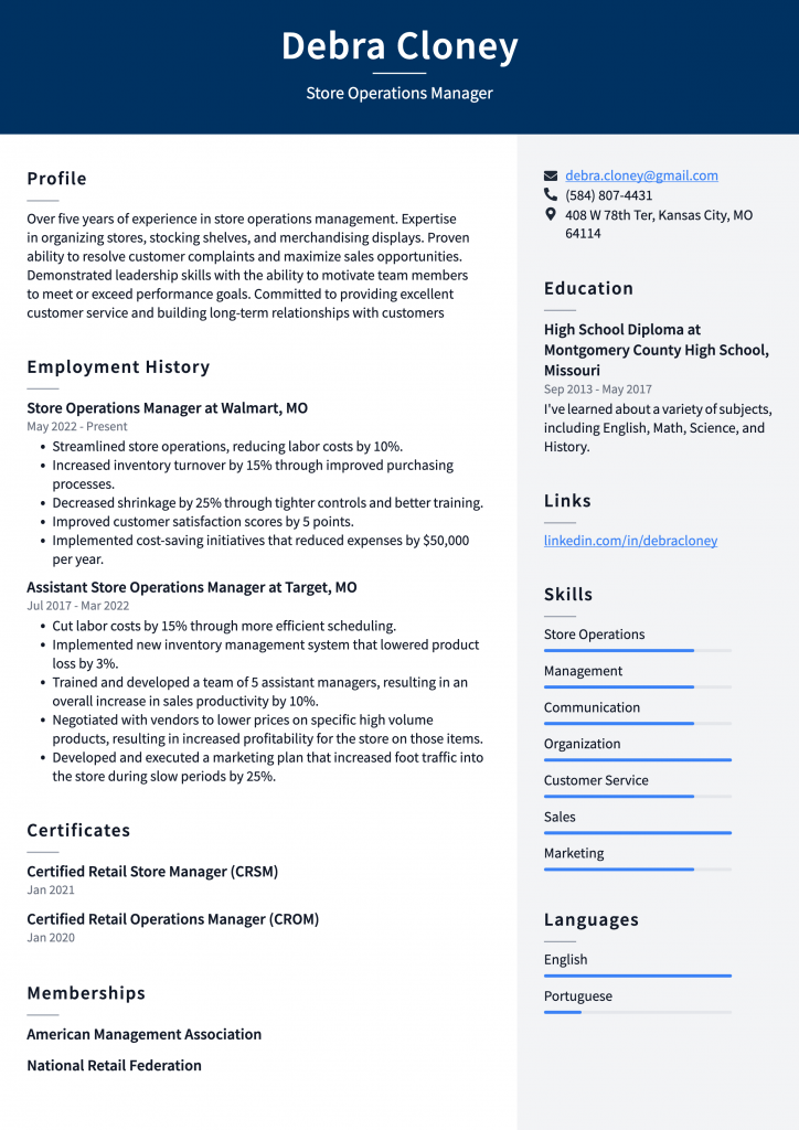 Store Operations Manager Resume Example