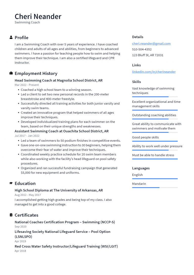 Swimming Coach Resume Example and Writing Guide - ResumeLawyer