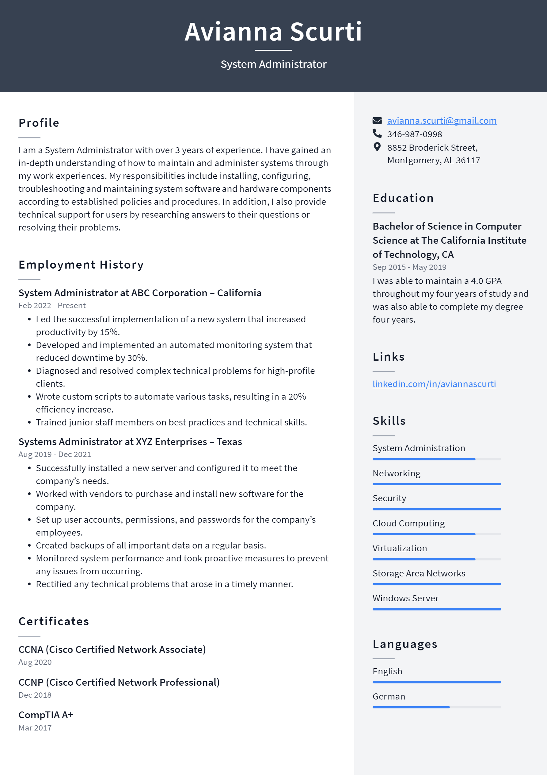 System Administrator Resume Example and Writing Guide