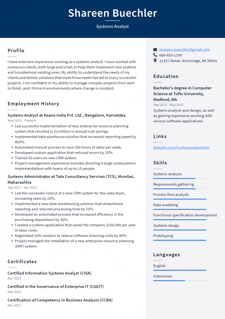 Systems Analyst Resume Example And Writing Guide ResumeLawyer