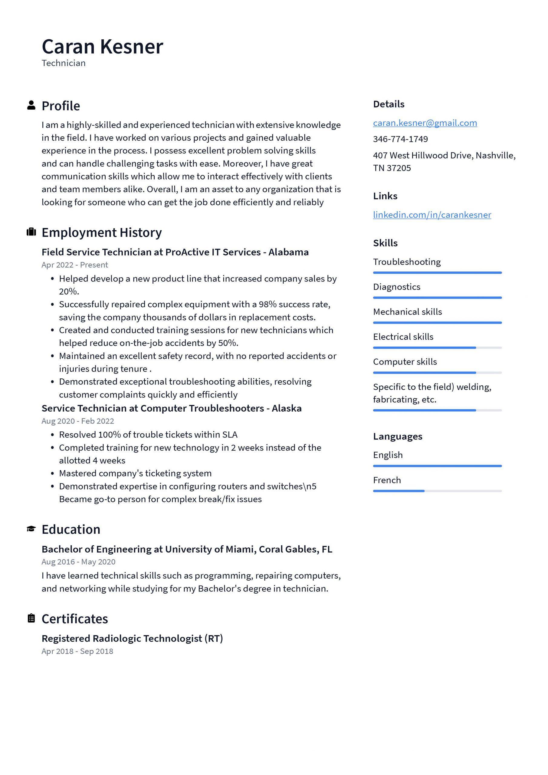 Technician Resume Example and Writing - Technician Resume Example Scaled