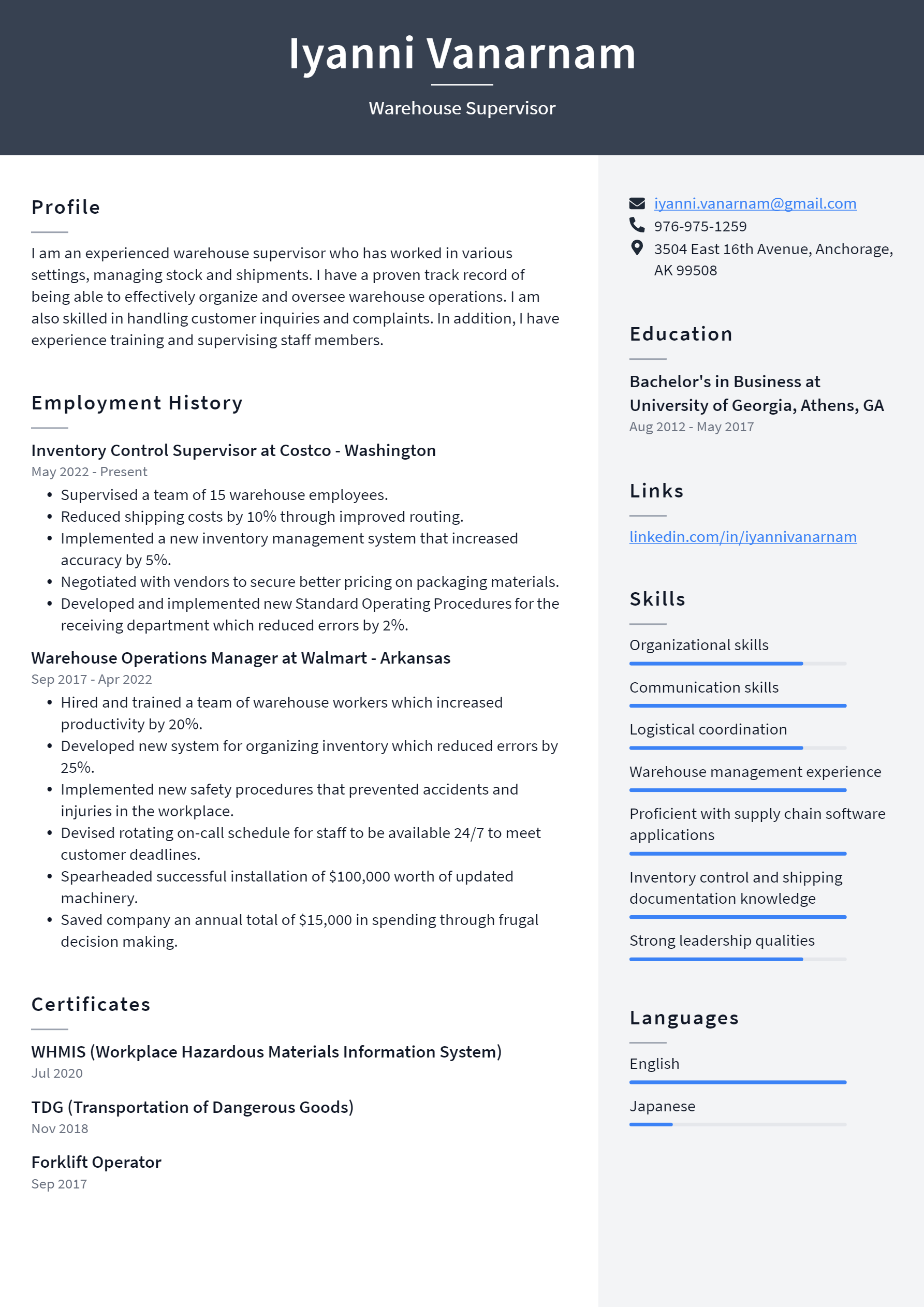 Warehouse Supervisor Resume Example - Warehouse Supervisor Resume Example 1 