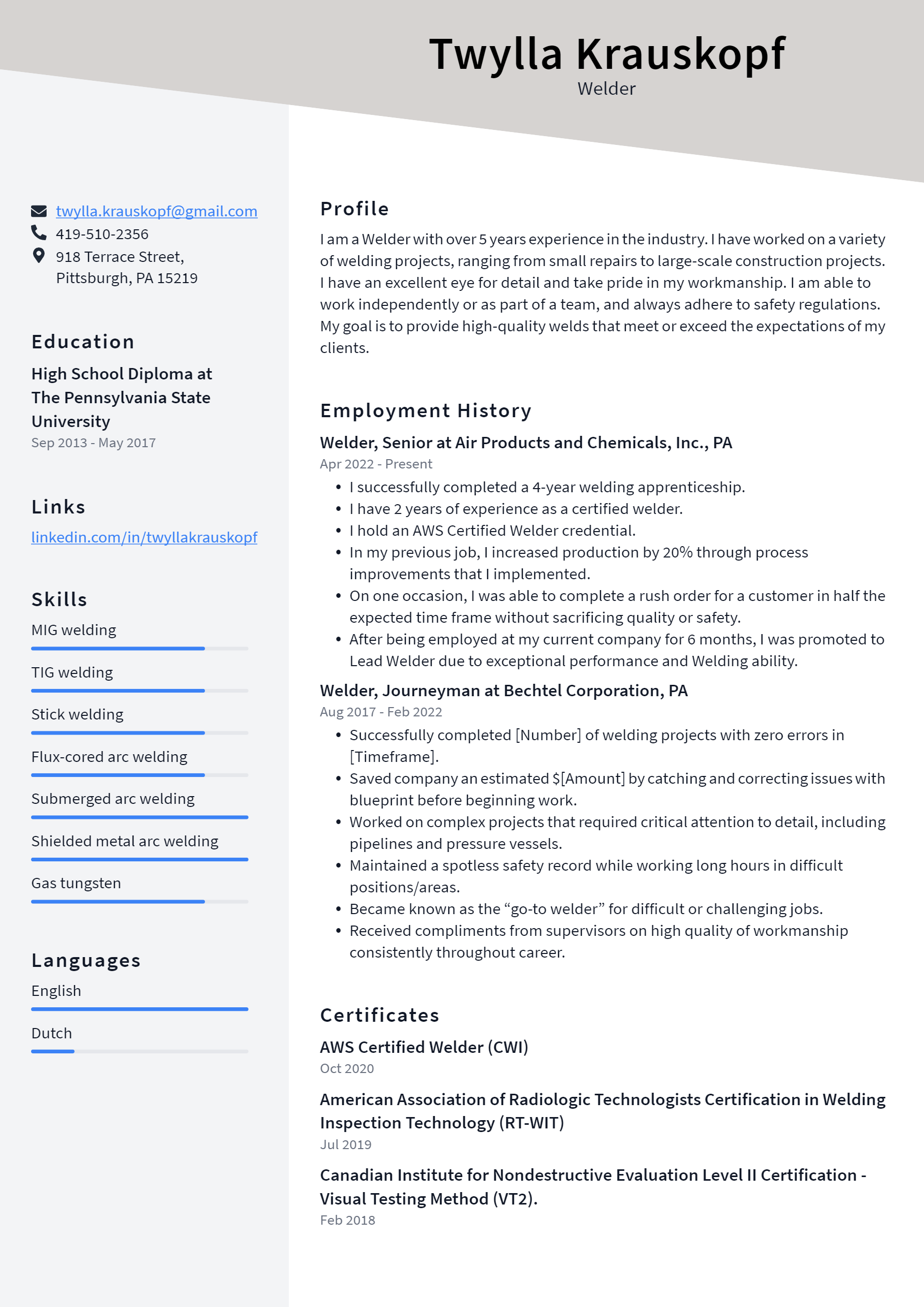 Welder Resume Example and Writing Guide - ResumeLawyer