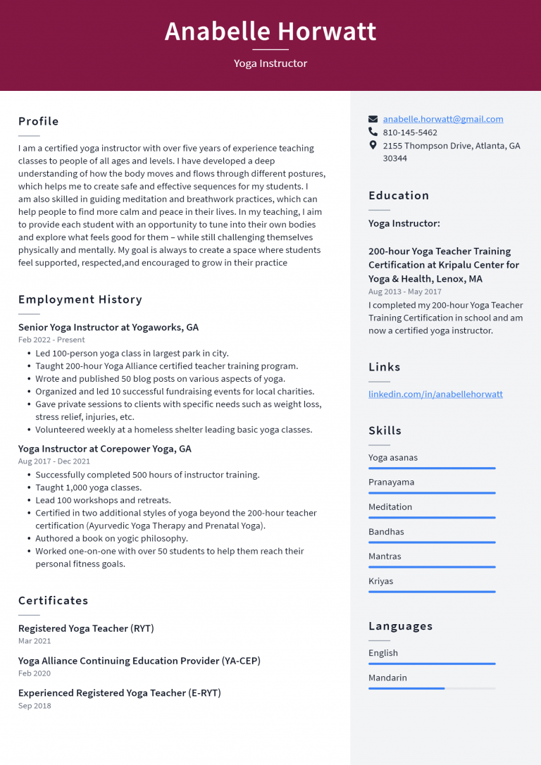 Yoga Instructor Resume Example and Writing Guide - ResumeLawyer