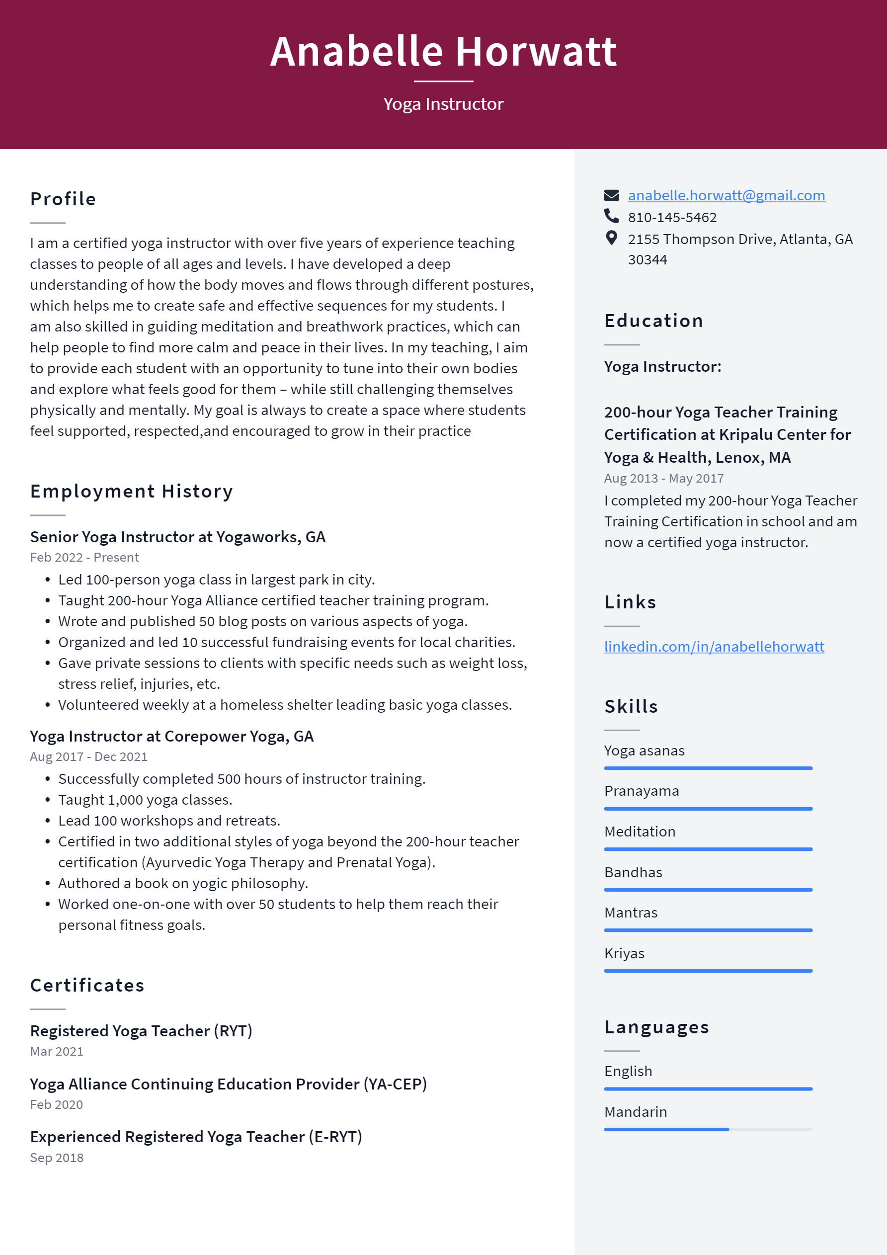 Yoga Instructor Resume Example and Writing Guide - ResumeLawyer