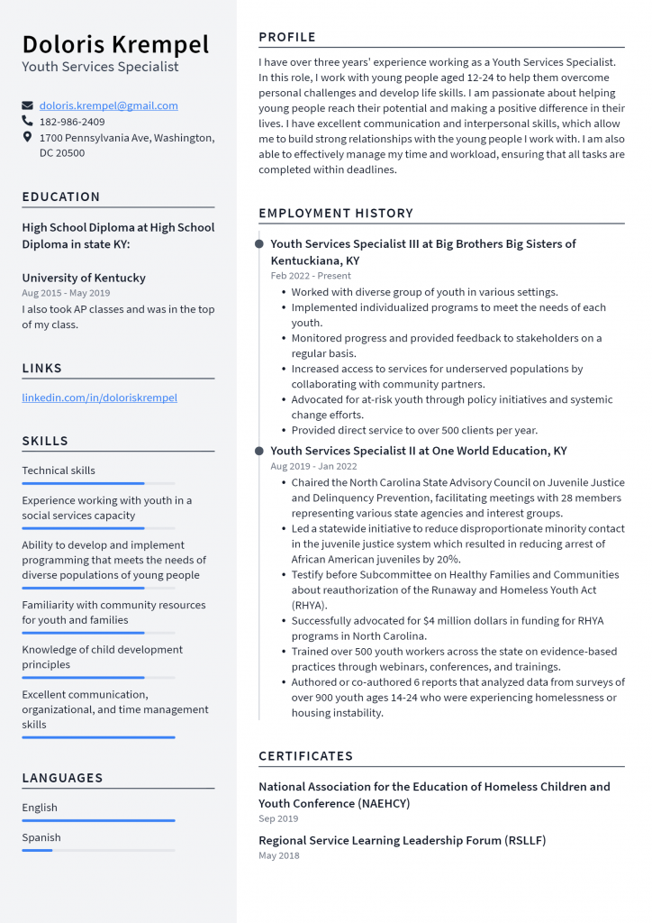 Youth Services Specialist Resume Example